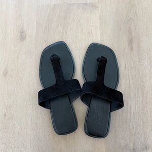 A.Emery x Matteau Black Suede Toe-Loop Slide Sandals